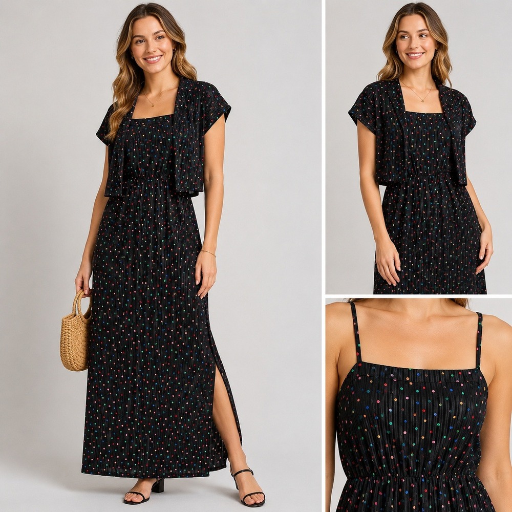 Vintage Black Confetti Polka Dot Midi Dress Sheer Overlay Pleated Party SET XS